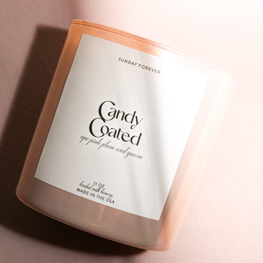 
                  
                    Candy Coated Luxury Candle with Ripe Pink Plum and Guava - Sunday Forever
                  
                